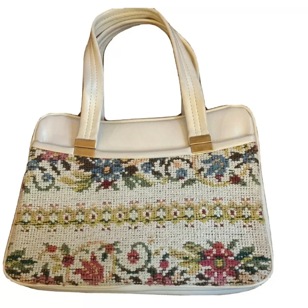 Vintage 1960s Carpet Bag Needlepoint Floral Handbag - Picture 2 of 11